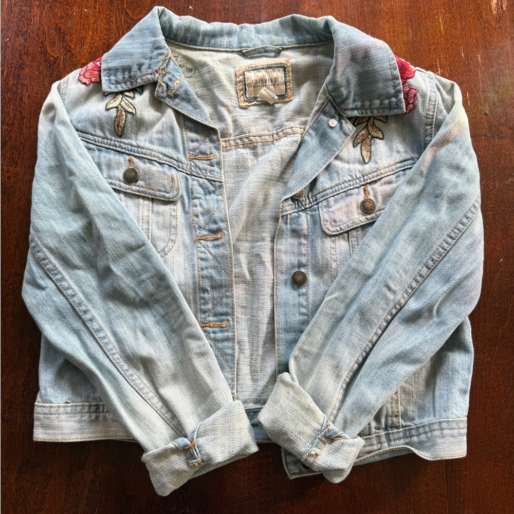 Light Blue Jean Jacket with Floral Embroidery